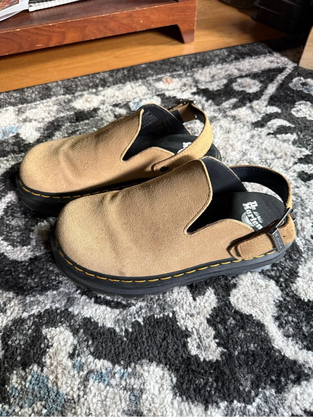 Dr. Martens Tan Suede Platform Clogs with Adjustable Heel Strap